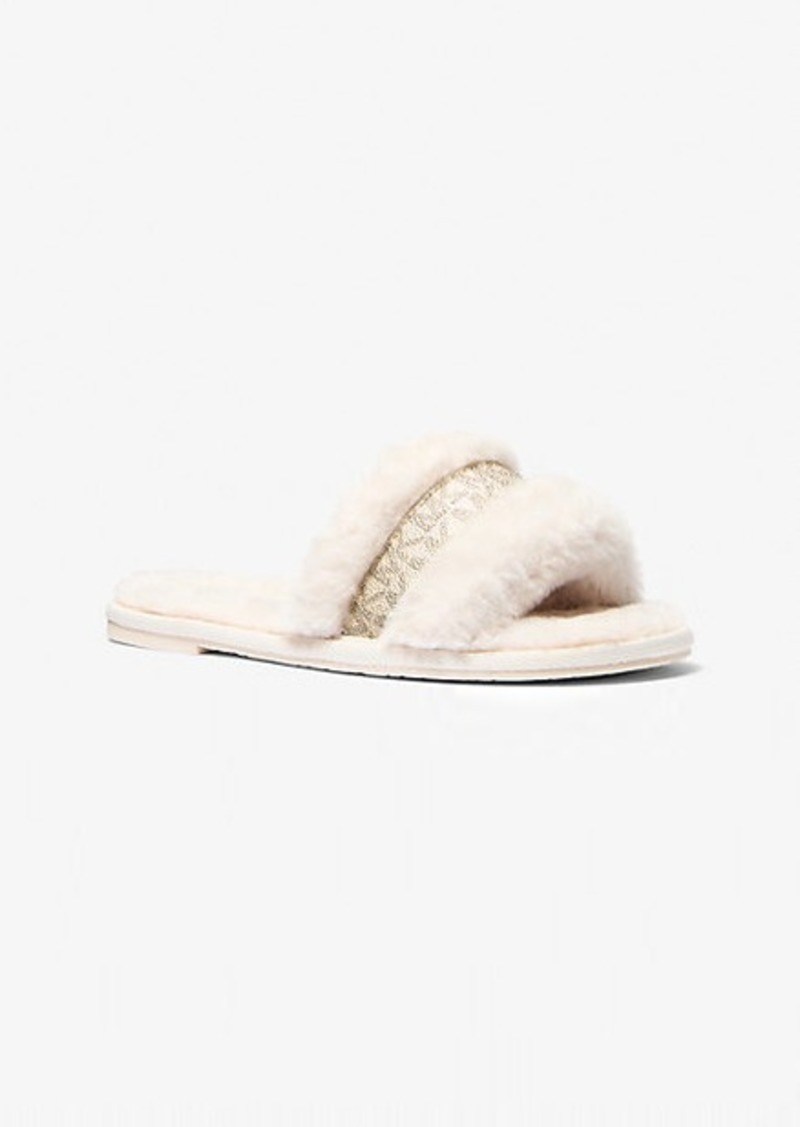 Michael Kors Alexis Faux Fur and Metallic Signature Logo Slide Sandal