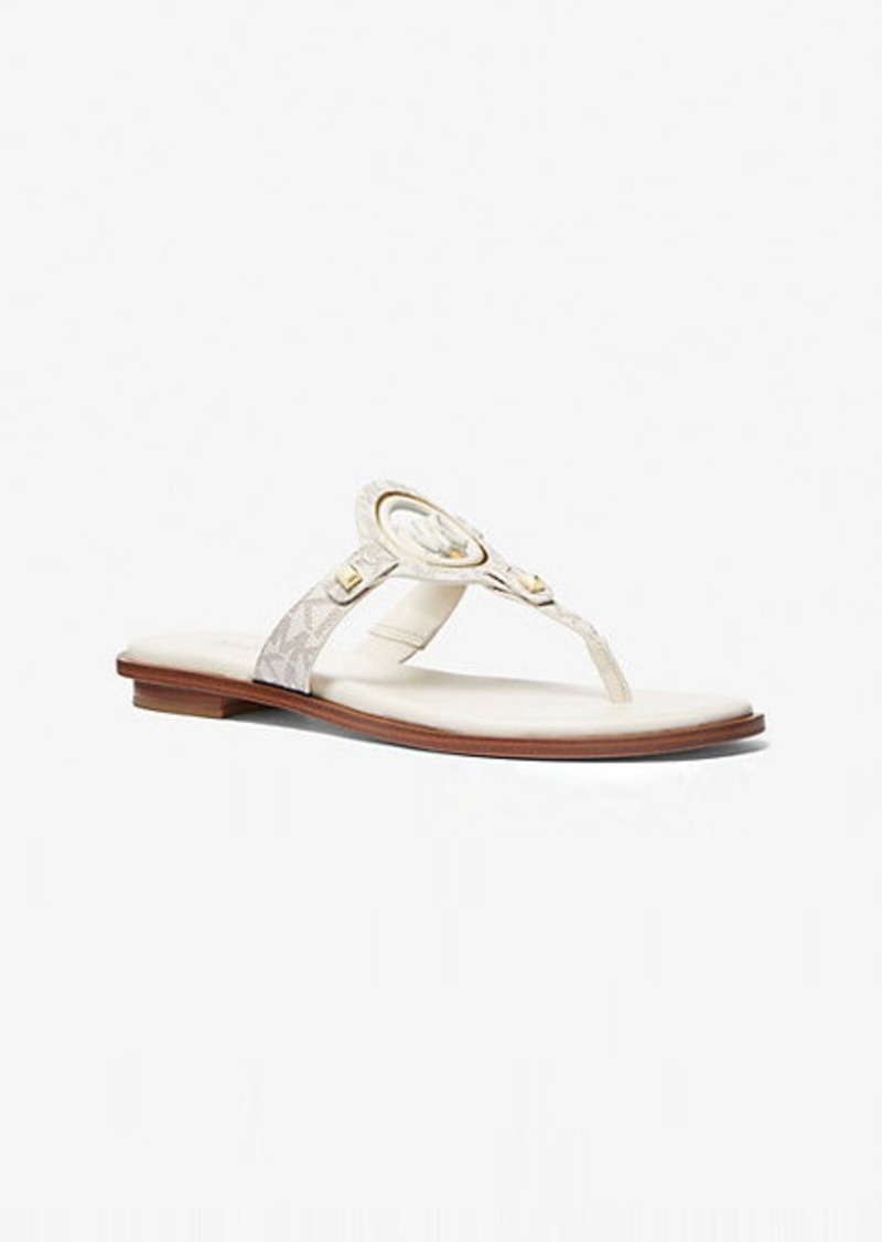 Michael Kors Aubrey Cutout Signature Logo and Leather T-Strap Sandal