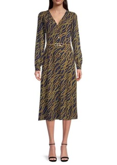Michael Kors Belted Chain Print Georgette Midi Dress