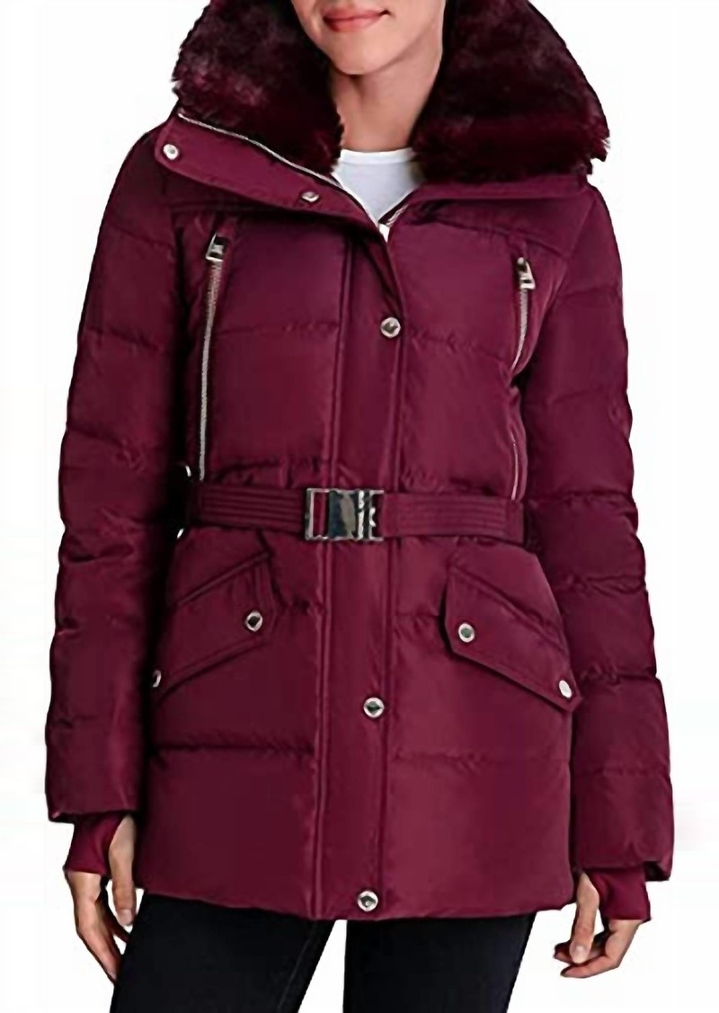 Michael Kors Belted Down Quilted Jacket Coat In Dark Ruby