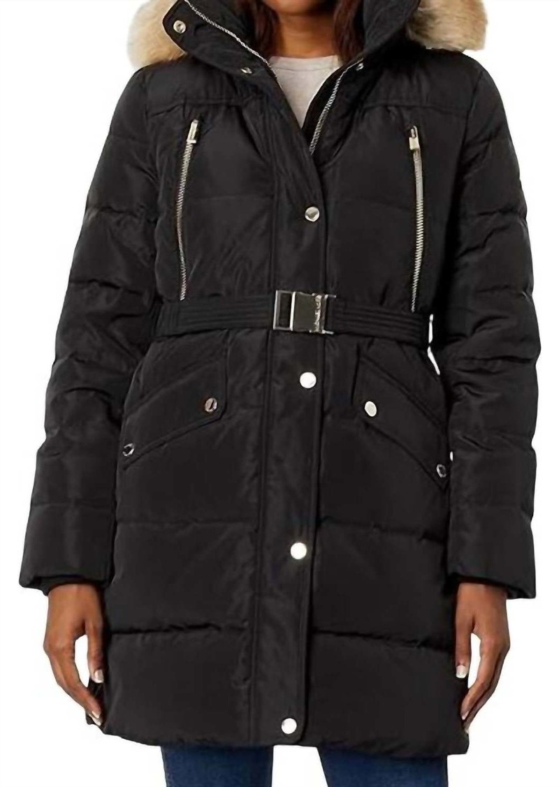 Michael Kors Belted Faux Fur 3/4 Length Puffer Coat In Black