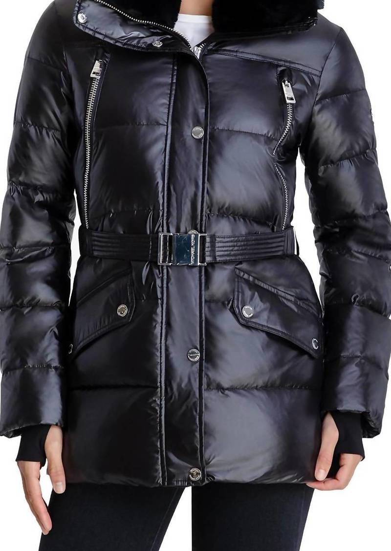 Michael Kors Belted Faux Fur Collar Quilted Coat Jacket In Black