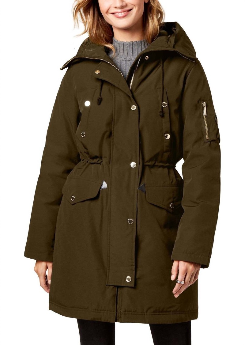 Michael Kors Cinch Waist Down Parka Puffer Jacket In Olive Green