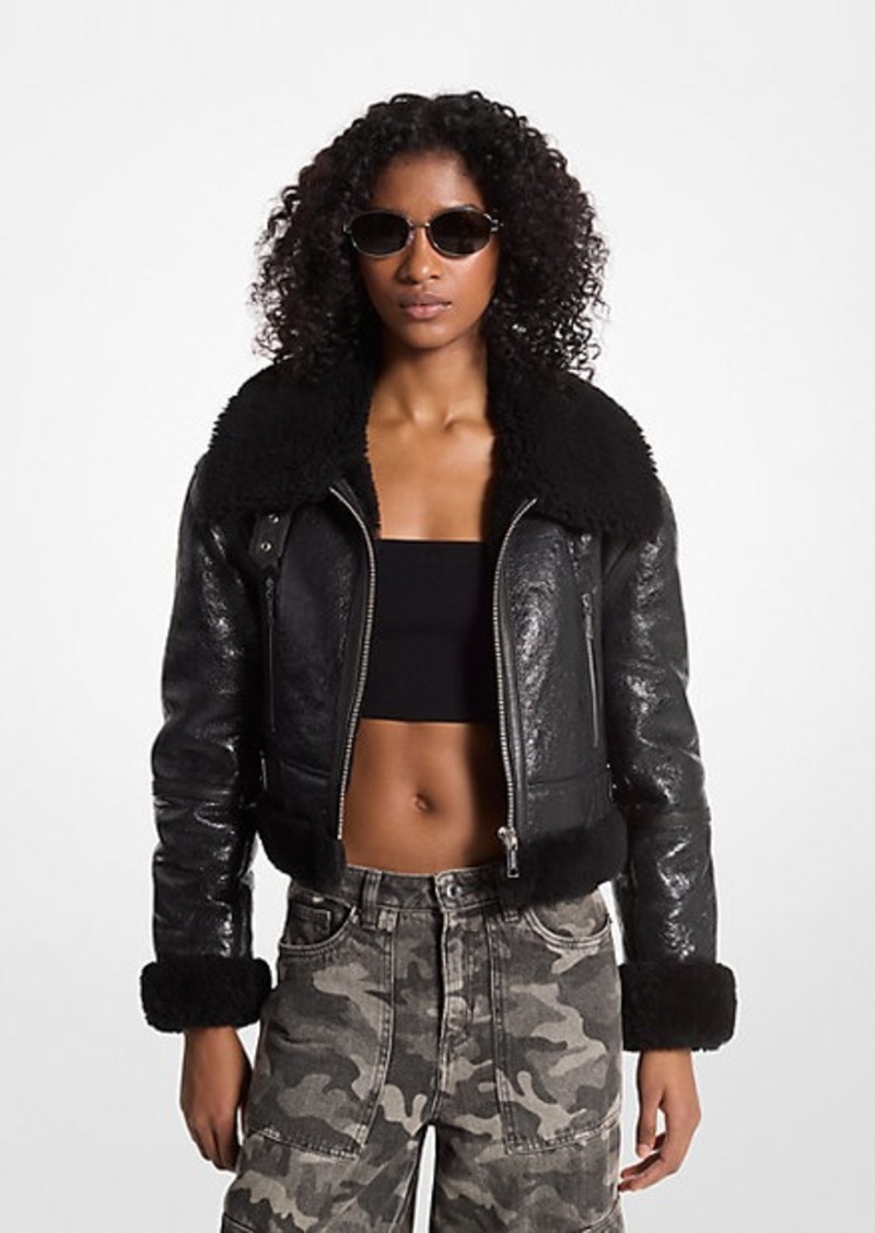 Michael Kors Crackled Leather and Shearling Cropped Jacket