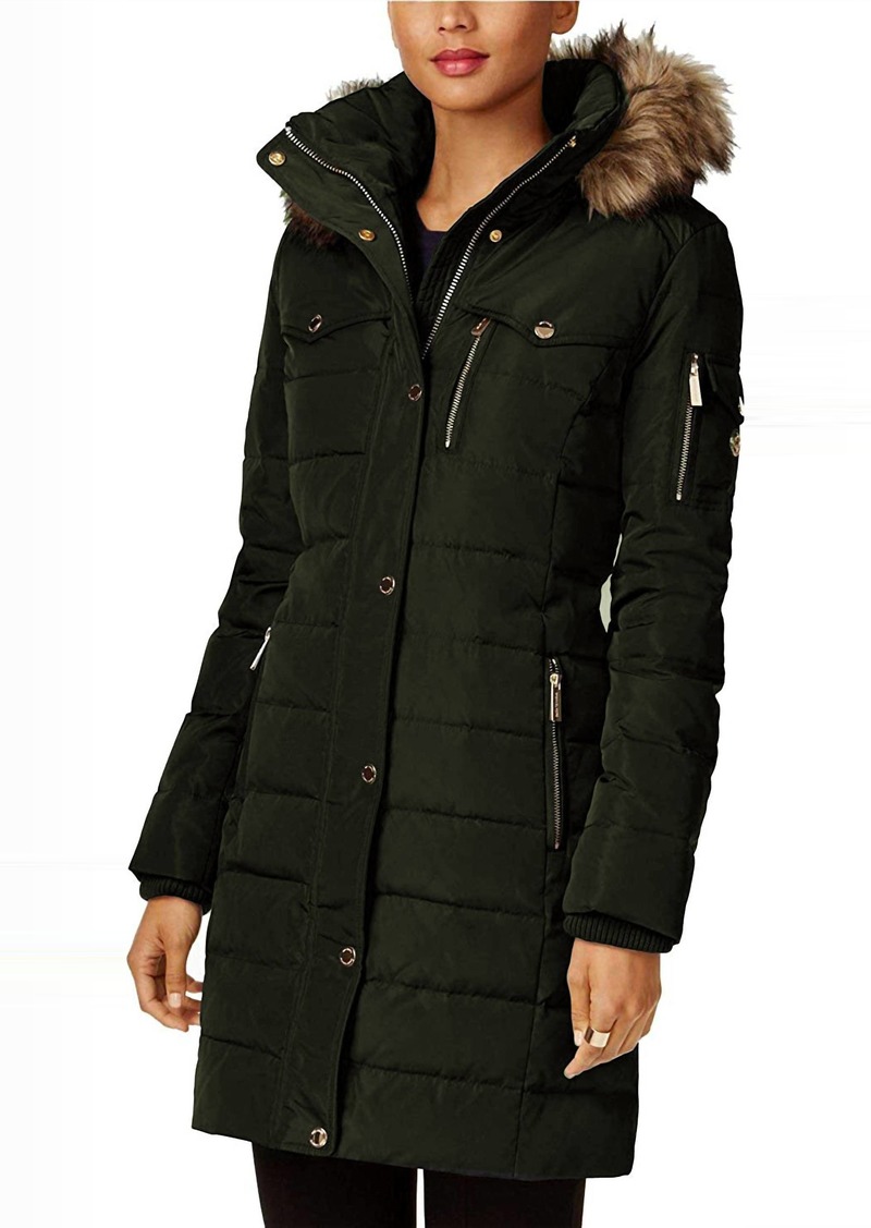 Michael Kors Down Fill Faux Fur Hood 3/4 Puffer Coat in Dark Moss