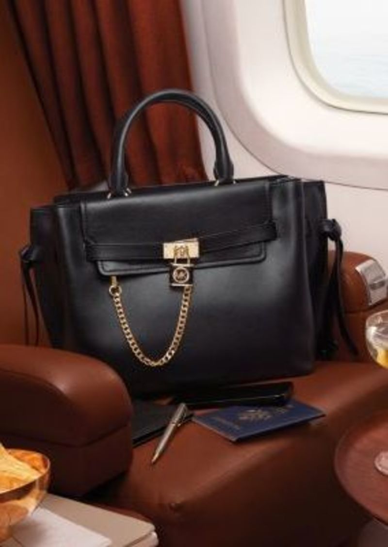 Michael Kors Hamilton Legacy Large Leather Belted Satchel Bag For Women (Black, OS)