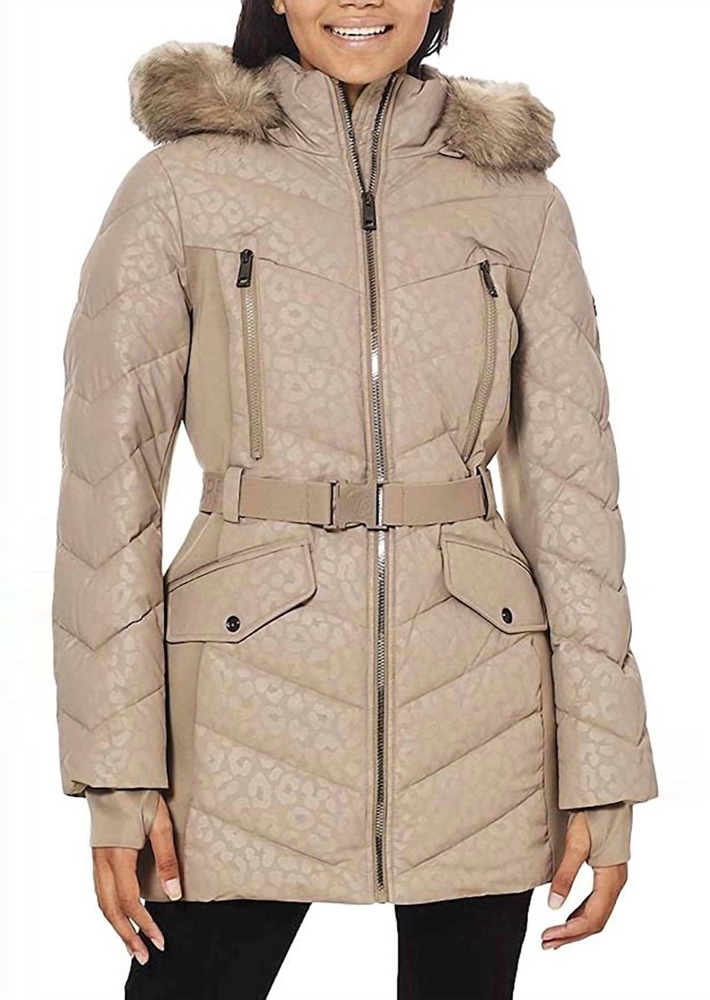 Michael Kors Logo Leopard Belted Hood Puffer Coat In Taupe