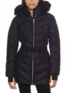 Michael Kors Logo Leopard Belted Hooded Down Puffer Coat In Black