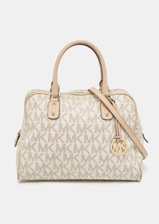 Michael Kors Beige/white Signature Coated Canvas And Leather Charm Satchel