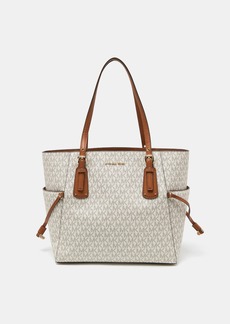 Michael Kors Cream/tan Signature Coated Canvas And Leather Voyager Tote