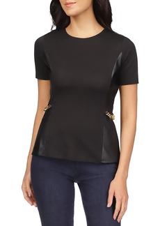 Michael Kors Faux Leather Combo Short Sleeved Chain Detail Top
