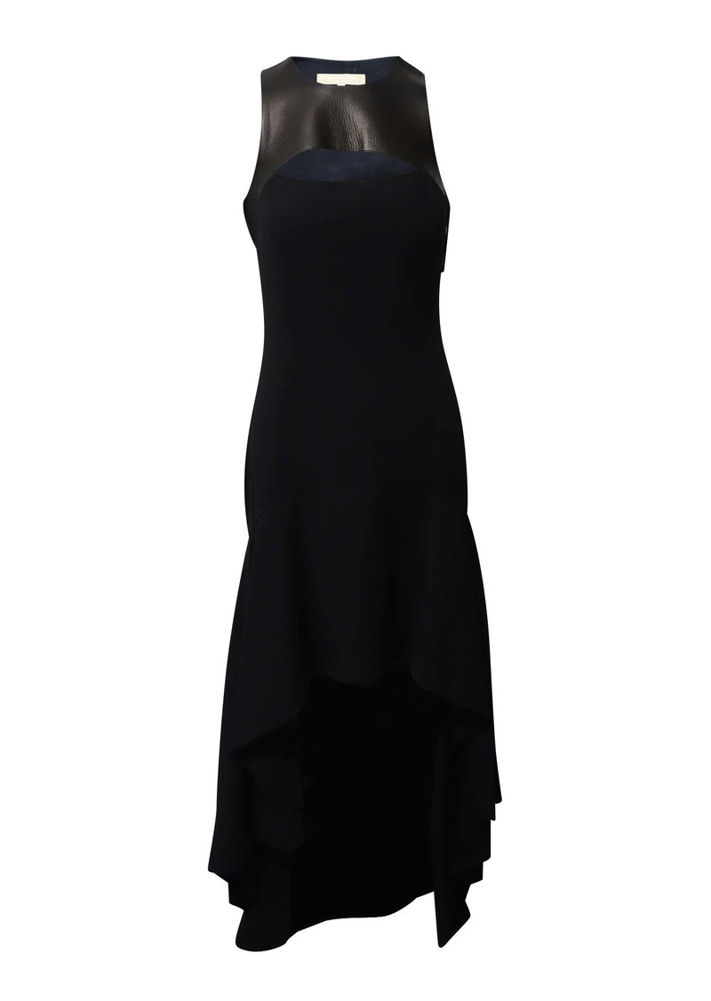 Michael Kors Halter Mullet Hem Evening Dress in Black Wool and Leather