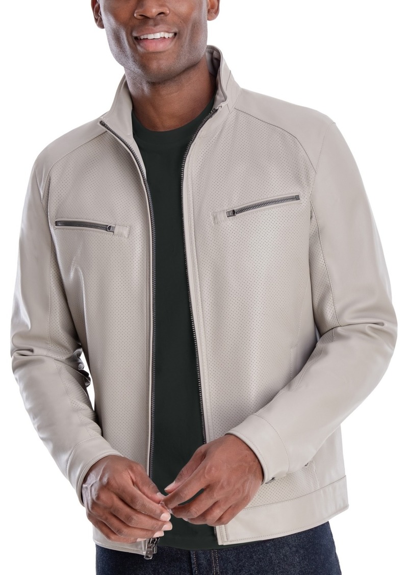 Michael Kors Men's Perforated Faux Leather Moto Jacket, Created for Macy's - Bone