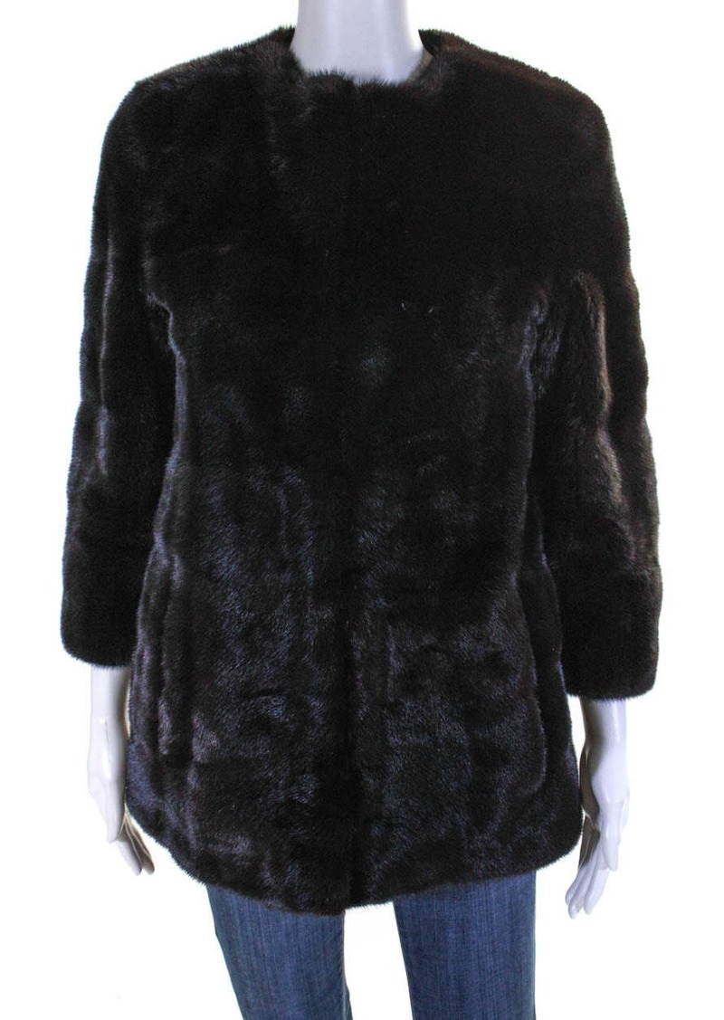 Michael Kors Womens Crew Neck Hook & Eye Mink Fur Coat Dark Brown