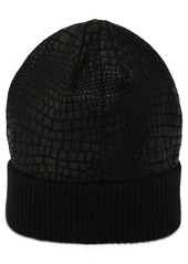 Michael Michael Kors Logo Charm Ribbed Trim Croc-Embossed Beanie - Black