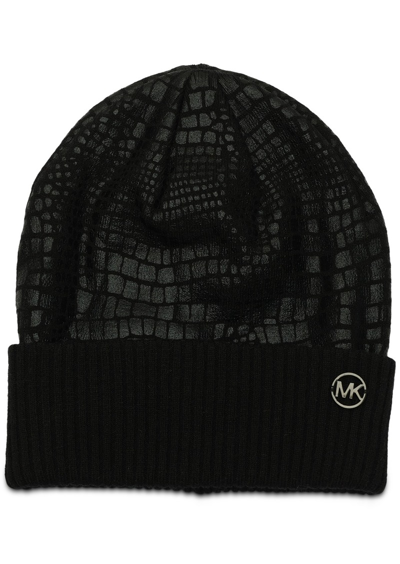 Michael Michael Kors Logo Charm Ribbed Trim Croc-Embossed Beanie - Black