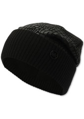 Michael Michael Kors Logo Charm Ribbed Trim Croc-Embossed Beanie - Black