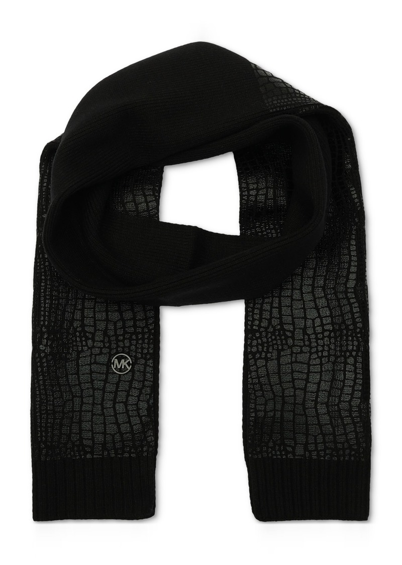 Michael Michael Kors Logo Charm Ribbed Trim Croc-Embossed Scarf - Black