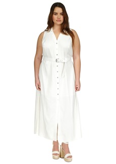 Michael Michael Kors Plus Size Linen-Blend Belted Sleeveless Maxi Dress - White