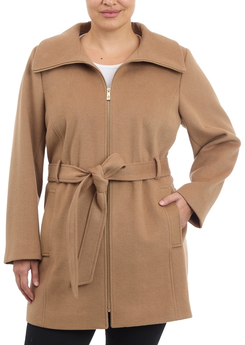 Michael Michael Kors Plus Size Belted Zip-Front Coat, Created for Macy's - Dark Camel