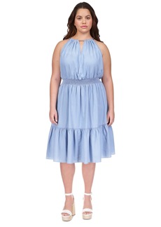 Michael Michael Kors Plus Size Chain-Neck Smocked-Waist Tiered Dress - Sky Blue Wash