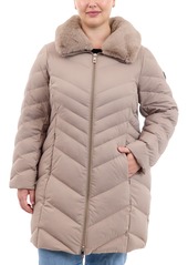 Michael Michael Kors Plus Size Faux-Fur-Collar Packable Puffer Coat, Created for Macy's - Black