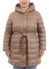 Michael Michael Kors Plus Size Hooded Belted Down Puffer Coat, Created for Macy's - Taupe