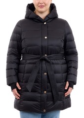 Michael Michael Kors Plus Size Hooded Belted Down Puffer Coat, Created for Macy's - Taupe