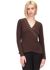 Michael Michael Kors Women's Astor Studded Faux-Wrap Top - Chocolate