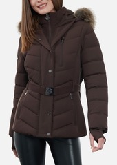 Michael Michael Kors Women's Belted Faux-Fur-Trim Hooded Puffer Coat - Chocolate