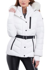 Michael Michael Kors Women's Belted Faux-Fur-Trim Hooded Puffer Coat - White