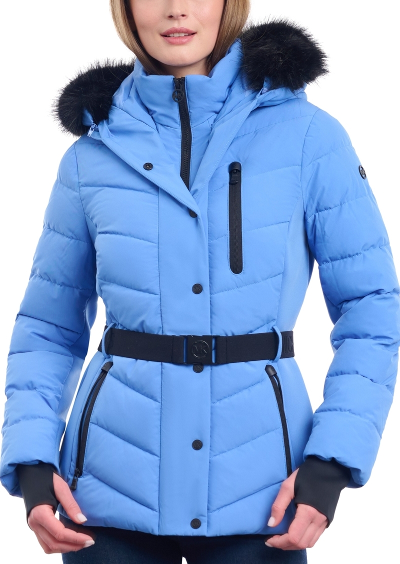 Michael Michael Kors Women's Belted Faux-Fur-Trim Hooded Puffer Coat - Crew Blue