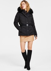 Michael Michael Kors Women's Belted Faux-Fur-Trim Hooded Puffer Coat - Black