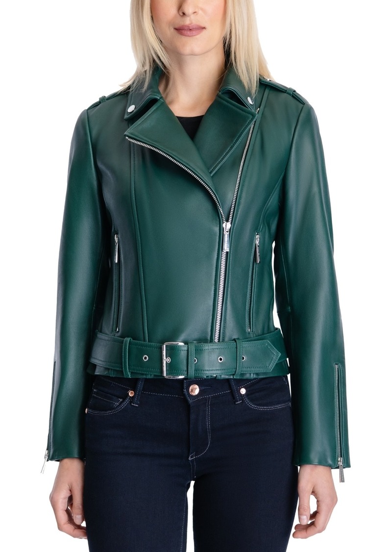 Michael Michael Kors Women's Belted Leather Moto Coat, Created for Macy's - Dark Emerald