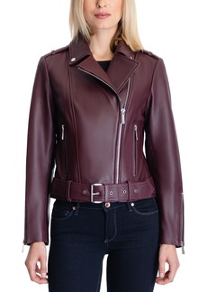 Michael Michael Kors Women's Belted Leather Moto Coat, Created for Macy's - Dark Berry