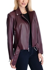 Michael Michael Kors Women's Belted Leather Moto Coat, Created for Macy's - Dark Emerald