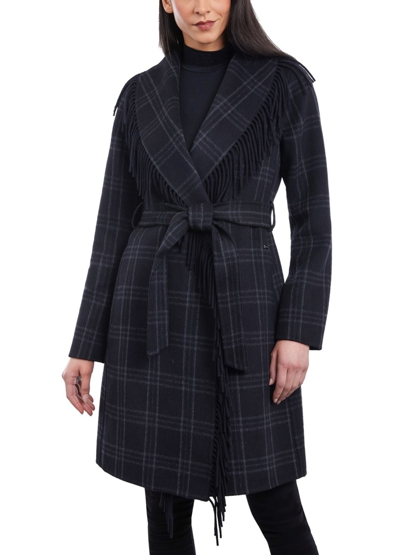 Michael Michael Kors Women's Doubled-Faced Wool Blend Wrap Coat - Black/Light Grey Plaid