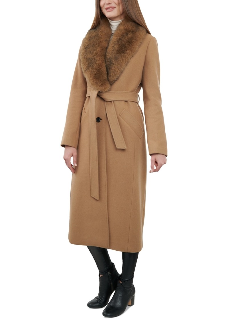 Michael Michael Kors Women's Faux-Fur-Collar Belted Coat - Dark Camel