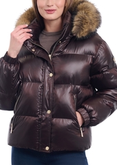 Michael Michael Kors Women's Faux-Fur-Trim Hooded Bomber Puffer Coat - Chocolate