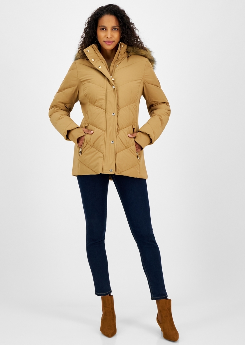 Michael Michael Kors Women's Faux-Fur-Trim Hooded Puffer Coat, Created for Macy's - Dark Camel