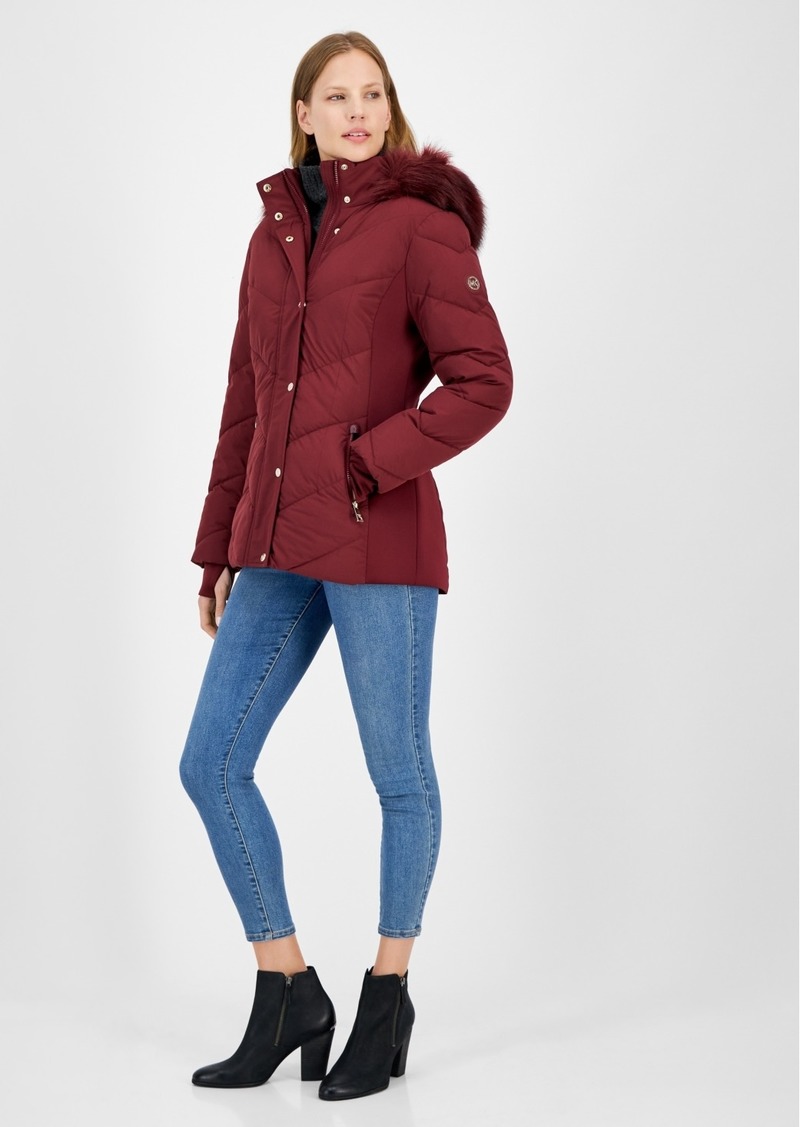 Michael Michael Kors Women's Faux-Fur-Trim Hooded Puffer Coat, Created for Macy's - Dark Brandy