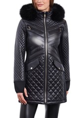 Michael Michael Kors Women's Faux-Fur-Trim Hooded Quilted Coat - Black