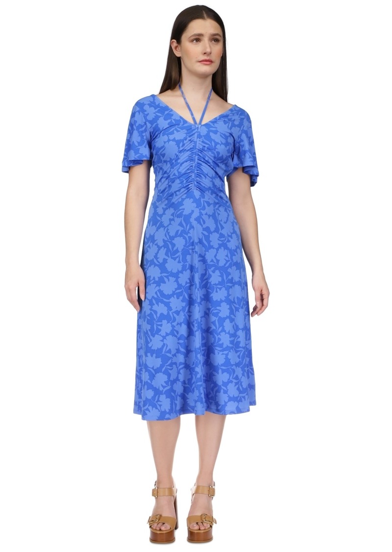 Michael Michael Kors Women's Floral-Print Tie V-Neck Ruched Midi Dress, Regular & Petite - Grecian Blue