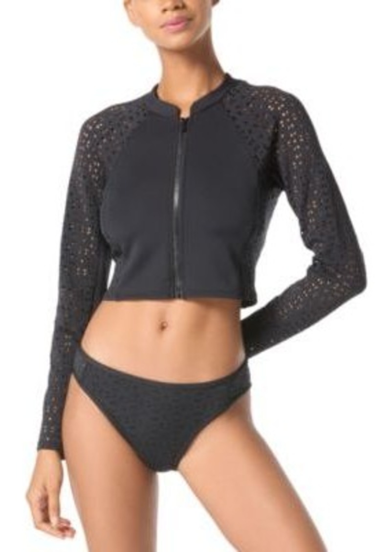 Michael Michael Kors Womens Laser Cut Long Sleeve Rash Guard Laser Cut Hipster Bikini Bottoms