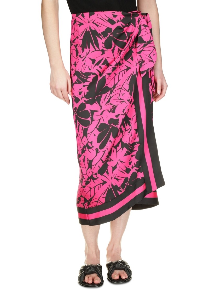 Michael Michael Kors Women's Lush Palm-Print Faux-Wrap Midi Skirt - Cerise