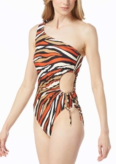 Michael Michael Kors Women's One-Shoulder Shirred Cutout One-Piece Swimsuit - Red Multi