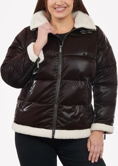 Michael Michael Kors Women's Plus Size Faux-Shearling Shine Puffer Coat, Created for Macy's - Chocolate