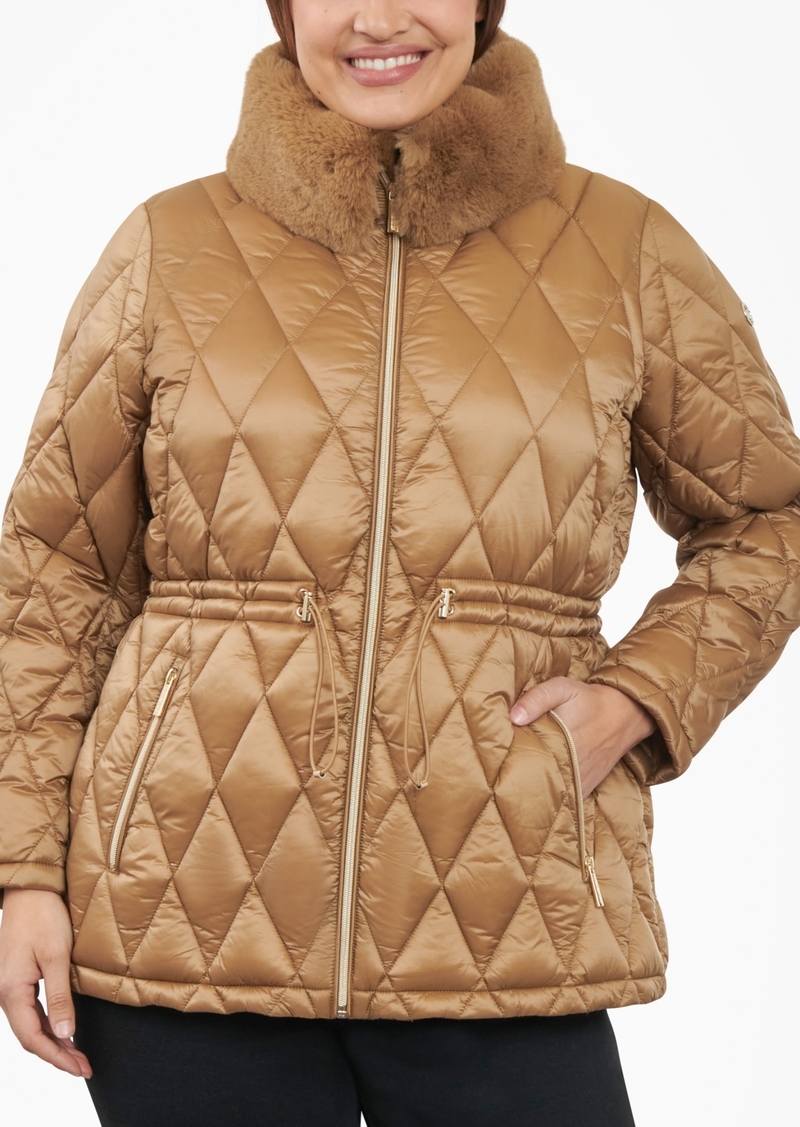 Michael Michael Kors Women's Plus Size Quilted Faux-Fur-Collar Anorak Puffer Coat - Dark Camel