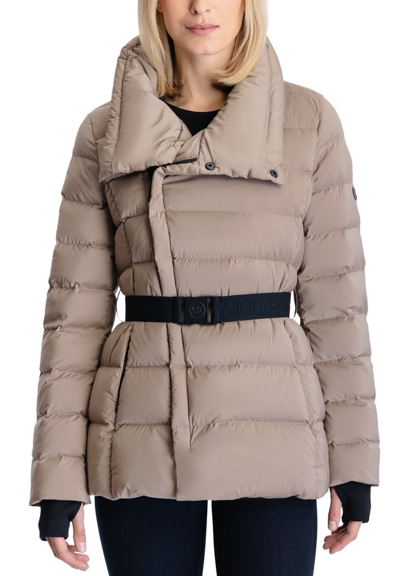 Michael Michael Kors Women's Stretch Asymmetrical Belted Down Puffer Coat - Taupe