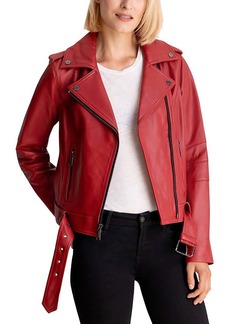 Michael Kors Moto Belted Zip Up Leather Jacket In Scarlet